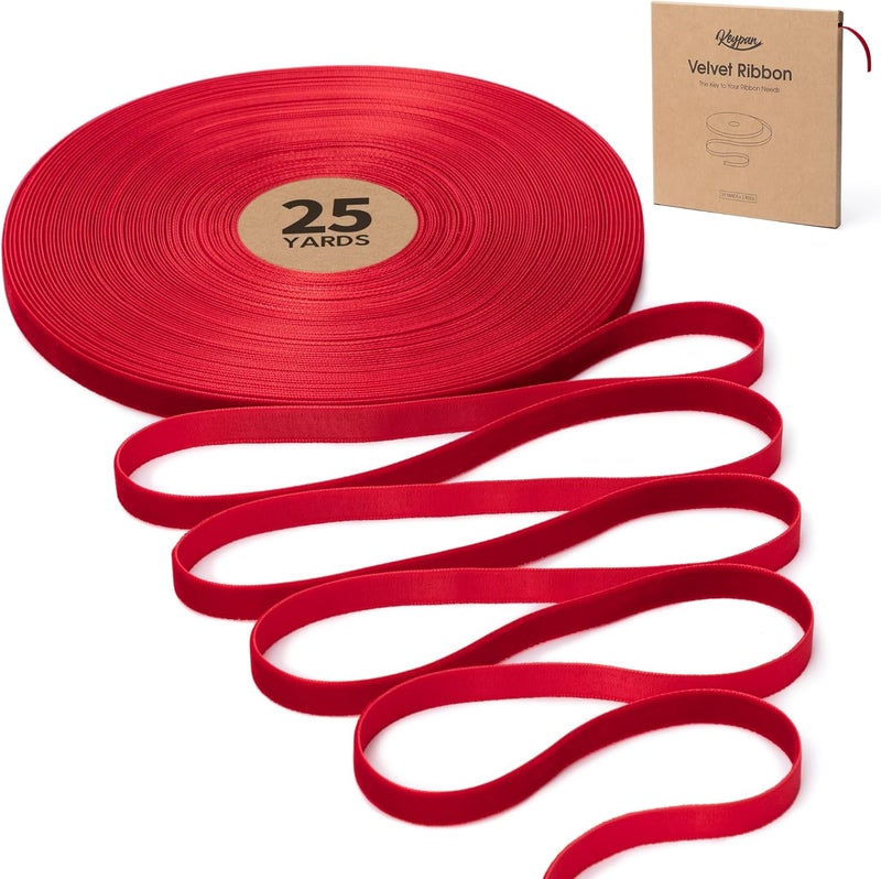 Keypan Red Velvet Ribbon for Christmas Tree 3/8 Inch Handmade Vintage Thin Ribbons for Wrapping Gift Wreath Decoration Ornaments Bow Making Home Decor, 25 Yd - Image 1